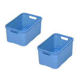 BranQ - Home essential Set of 2 Plastic Rattan Baskets made of Bisphenol A (BPA)-Free Polypropylene, 38 x 27.8 x 18.5 cm, Denim Blue, Size L (19 Litres)