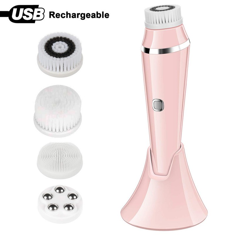 Electric Facial Cleansing Brush with 4 Interchangeable Heads, Rechargeable Face