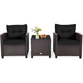 Happygrill 3PCS Patio Conversation Set Outdoor Rattan Wicker Bistro Sofa Furniture with Washable Chair Cushions and Tempered Glass Top Coffee Table, Black (CA-HG1334)