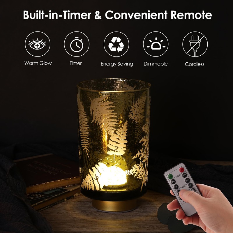 Eywamage Large Battery Operated Glass Table Lamp, Green Ferns Leaves