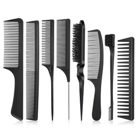 Fuyamp 8 pcs Slick Brush and Comb Set, Plastic Bristle Hair Comb Set, Teasing and Rat Tail Combs Edge Brush for Men Women Hair Slicking (Style 2)