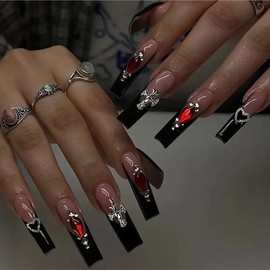 Buy 10 Get 10 Free! [Machine-Made] 24pcs Press-On Nails with Rhinestones & Flowers – French Style Glue-On Nails for Women & Girls:_044