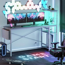 Bestier Gaming Desk with Power Outlets, 61 Inch Large Led Gamer Desk with 4 Tiers Reversible Shelves, PC Gaming Table with Headset Hook & Side Storage Bag for Bedroom (Grey 3D Carbon Fiber)