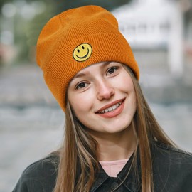 SONMONY Smile Face Beanie Hats for Women Mens Winter Knit Beanies Soft Cuffed Warm Smile Stretchy Beanies Hat… Orange