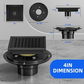 BAOTIYA 4 Inch Square Black Shower Drain Kit with Flange & Hair Catcher & Lifting Hook, Modern Floor Drain with Removable Quadrato Pattern Grate, Stainless Steel SUS 304 (Matte Black, 4 Inch)