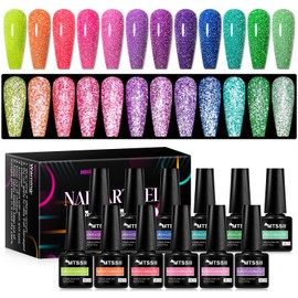MTSSII Neon Reflective Gel Nail Polish, 12PCS Glitter Gel Nail Polish Kit, Soak Off UV/LED Nail Polish Nail Art Design Salon Home Gifts for Women