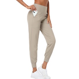 Oalka Women's Joggers High Waist Yoga Pockets Sweatpants Sport Workout Pants Khaki Brown M