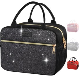 BAOGCOYO Lunch Bag For Women, Leakproof Glitter Lunch Box, Cute Lunch Tote Bag Adult, Large Capacity Insulated Reusable Cooler Lunch Containers for Work Travel Picnic or Office (Black Bling Sparkle)