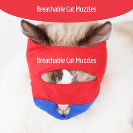 VerdeRoot Breathable Cat Muzzles, Prevents Biting and Scratching, Adjustable Nylon Fabric, Red and Blue, Suitable for Grooming, Vet Visits, and Cleaning, Fits Neck Size 18-26cm