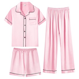 SWOMOG Kids Silky Satin Pajamas Set Girls Boys Button-Down Sleepwear Short Sleeve 3 Piece PJs Sets Lounge Sets Z - Pink -3PCS 120 CM