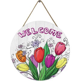 VELLOW Welcome Spring Summer Tulip Flowers Front Door Sign, Outdoor Porch Decor, Seasonal Farmhouse Wooden Wreath Indoor Wall Decor 12x12 inch