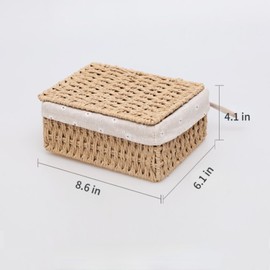 Rattanzenith Wicker Shelf Basket with Lid Paper Storage Baskets for Shelves Medium Storage Bin with Removable Liner Nesting Decorative Woven Basket for Makeup Closet Organizer (Medium, Khaki)