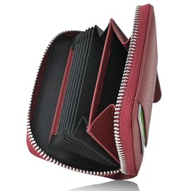 QUARE Men's Card Case, Card Holder, Coin Purse, Mini Wallet, Large Capacity, Compact, Small, Skimming, Genuine Leather Coin Case, bordeaux red