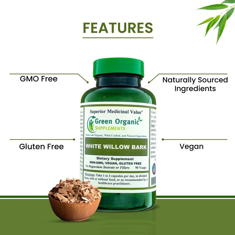 Green Organic Supplements White Willow Bark, 180 Vcaps, High Absorbable,