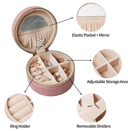 Generic Luxury Vegan Crocodile Leather Round Jewelry Box with Mirror, Travel Jewelry Case, Travel Jewelry Organizer, Jewelry Box for Women and Girls, Small Jewelry Organizer (Sofr Pink)