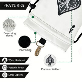 Ace of Spade Golf Valuables Pouch Bag with Drawstrings - Premium Faux Leather Tee Pouch Accessorries for Men, White Ball Bag