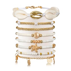 Y1tvei Shell Ankle Bracelet Set - Boho Beaded Stretch Braceletst for Women, Seashell Starfish Element Charm Jewelry for Beach, Gold Beads Rice Beads Alloy Accessories Jewelry Gift for Summer, Traveling