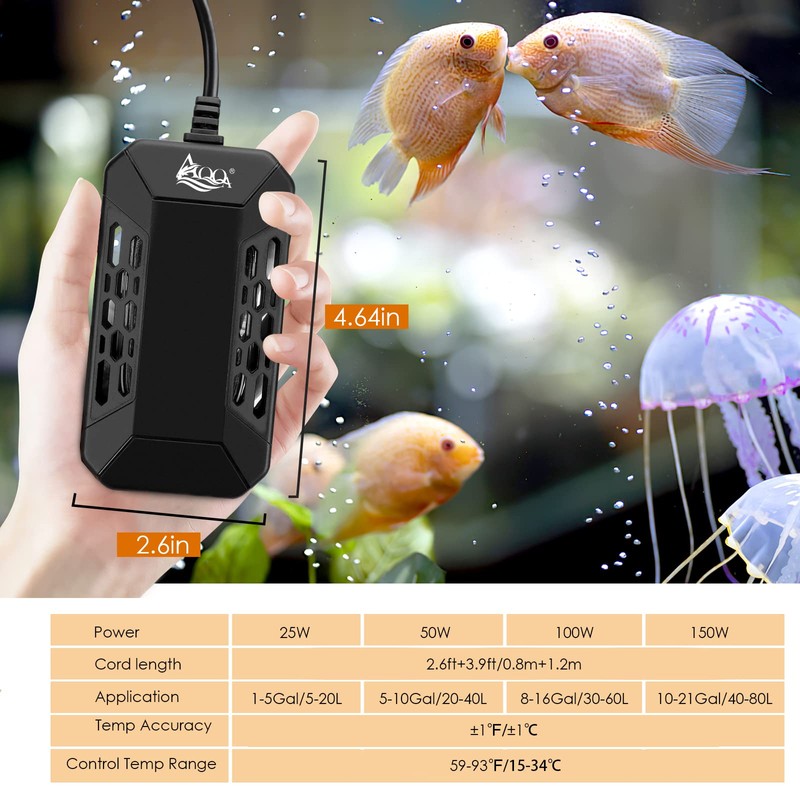 AQQA Aquarium Submersible Heater for Fish Tank,LED Temperature Display and