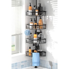 Peyulia 4-Tier Rustproof Corner Shower Caddy with Tension Pole, 42-115 Inch Adjustable Height Shower Organizer, Shower Shelves with Hooks, Freestanding Bathroom Organizer - Black