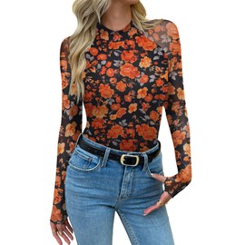 Zeagoo Women's Long Sleeve Shirts Floral Mesh Mock Neck Trendy Going Out Tops Club Winter Outfits
