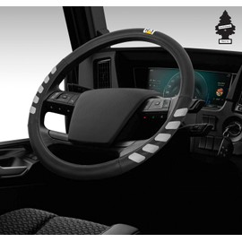 Caterpillar 18" Steering Wheel Cover for Semi Trucks - Black with Grey Trim, Synthetic Leather, Odorless and Durable for All Seasons - Bundle with Air Freshener