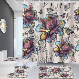 ZLQQ 4Pcs Floral Shower Curtain Sets with Rugs Butterfly Floral Bathroom Set with Non-Slip Rugs Toilet Lid Cover and Bath Mat Vintage Shower Curtain with 12 Hooks,Durable Bathroom Decor Set