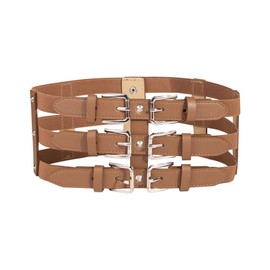 XFSRG Women's Belt Wide Elastic PU Leather Cut Out Rivets Adjustable with Buckle Vintage Waist Belt Waist Belt Corset Belt for Women Dresses Elastic Belt, brown, One size fits all