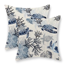 GOLIANDA Nautical Coastal Pillow Covers 18x18 Set of 2 Beach Themed Ocean Coral Sea Turtle Decorative Throw Pillows Blue Outdoor Decor Pillow Cases Linen Farmhouse Cushion Case for Sofa Home Holiday