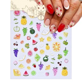 1 Sheets Fruit Nail Stickers 3D Embossed Nail Decals Cute Summer Nail Stickers for Nail Art Pineapple Grape Cherry Strawberry DIY Self-Adhesive Handmade Nails Supplies Accessories for Women Girls