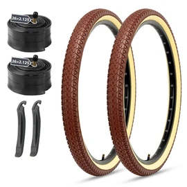 26 Inch Cruiser Bike Tires Set: MOHEGIA 26x2.125 Inch Folding Tires 2-Pack,Pair Bike Tubes,and 2 Tire Levers Replacement Kit for Beach Cruiser and Urban Commuting Bicycle (Brown/Cream)