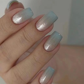 Press on Nails Medium Square Sea Styles Fake Nails Blue Gradient False Nails with Designs Full Cover Glossy Glue on Nails Acrylic Nails Handmade Manicure Artificial Nails for Women Girls 24Pcs