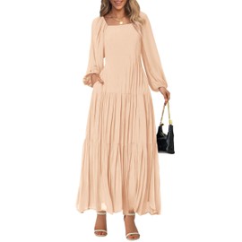 BTFBM Women Formal Dress Spring Square Neck Puff Long Sleeve Smocked Tiered Flowy Wedding Guest Maxi Dresses Pockets(Beige, Medium)