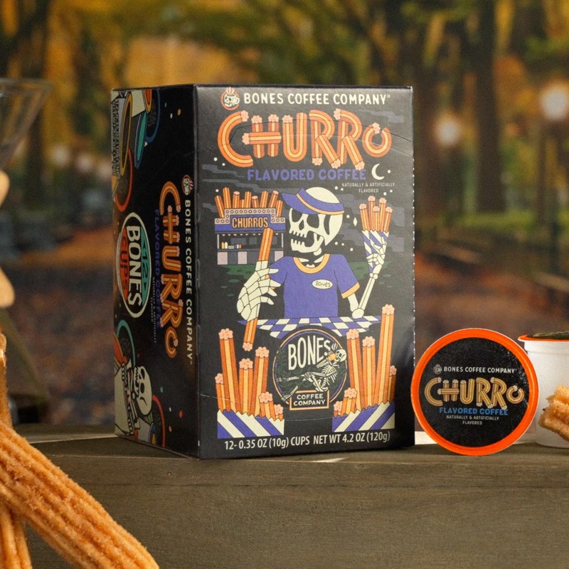 Bones Coffee Company Churro Flavored Coffee Pods, Low Acid Medium