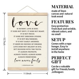 Yxadu Christian Canvas Poster, 'Love is Patient, Love is Kind' - 1 Corinthians 13:4-8, Wood Hanger for Wedding Anniversary & Valentine's Day Gift