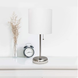 Simple Designs LT2044-WHT-LB Brushed Steel Stick Table Desk Lamp with USB Charging Port and Drum Fabric Shade for Living Room, Hallway, Nightstand, Office, White Shade, with Feit LED Bulb Included