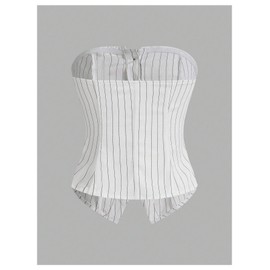 MakeMeChic Women's Corset Tops Sleeveless Striped Vintage Tube Top Button Down Going Out Tops White Small