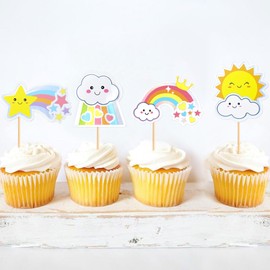 Cyodoos 24Pcs Rainbow Clouds Cupcake Toppers Clouds Sun Rainbow Stars Party Decorations Boys Girls Rainbow Theme Baby Shower Birthday Party Decorations Supplies