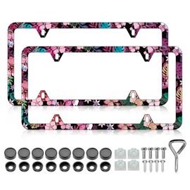 LIN KANG 2Pcs Red Pink Hibiscus License Plate Frames Colorful Tropical Floral License Plate Holder Universal Aluminum Metal Rust-Proof Waterproof Car Decorative Tag Frames for Standard US 12x6 Inch