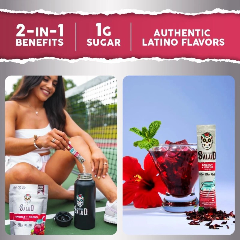 Salud 2-in-1 Energy Drink Powder + Focus, Hibiscus, Organic Caffeine,