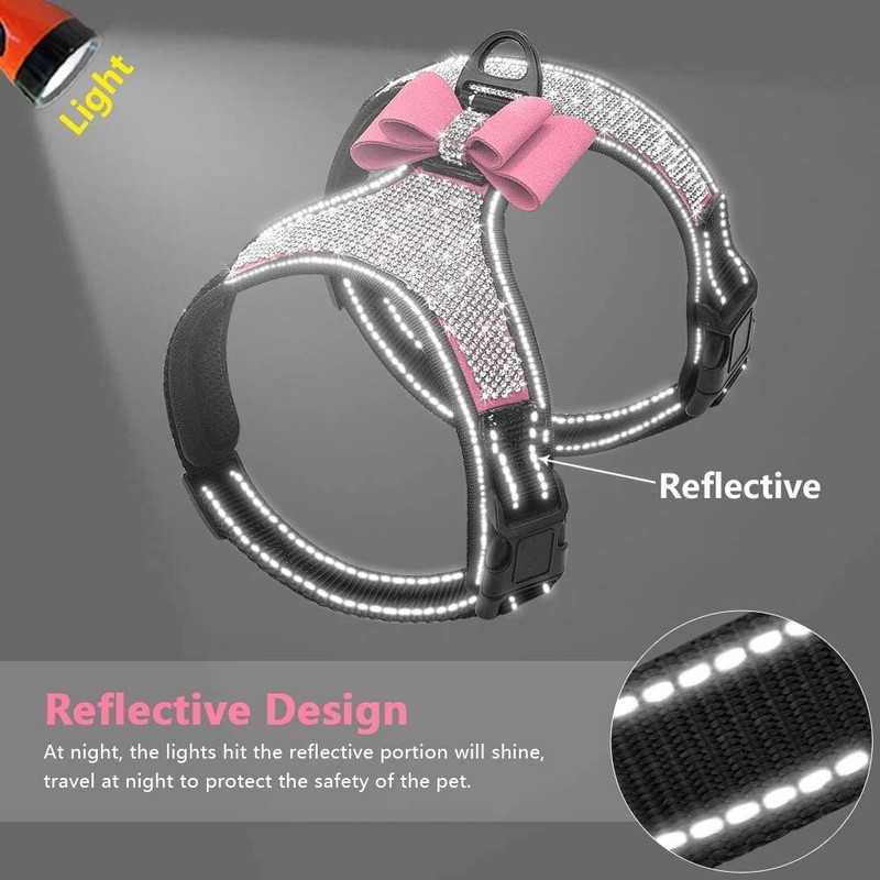 Rhinestone Dog Harness Bowtie,Reflective Cute Bling Sparkling Soft Diamonds Cat