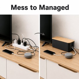 Cable Management Box for Power Strips & Cords - Bamboo Lid Organizer for Desk, Office & Home