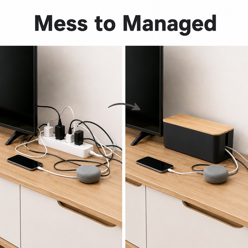 Cable Management Box for Power Strips & Cords - Bamboo