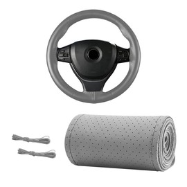 MUQIDA Genuine Leather Steering Wheel Cover, 15 Inches Breathable Stitch on Wrap Steering Wheel Cover, Anti-Slip Auto Wheel DIY Sewing Protector with Needle Thread (Gray, Full Hole)