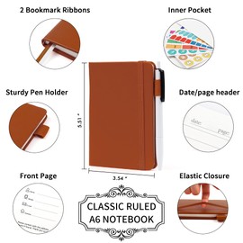 feela 3 Pack Pocket Notebook Journals, Mini Cute Small Journal Notebook Bulk Hardcover College Ruled Notepad with Pen Holder for Office School Supplies, with 3 Black Pens, 3.5”x 5.5”, A6, Brown