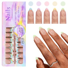 CHANGAR French Gel Nail Tips, 150Pcs Short Almond French Tip Press on Nails with Pre-applied Tip Primer & Base Coat No Need File False Nails for Nail Art DIY（Rainbow - Almond）
