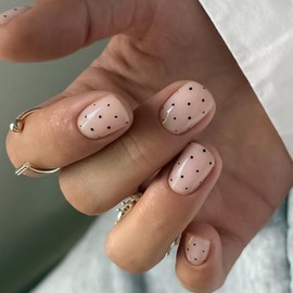 Polka Dot Press on Nails Short Square Fake Nails Black Dot False Nails Full Cover Glossy Acrylic Nails for Women 24PCS