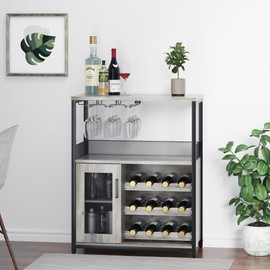 3-Tier Wine Bar Cabinet with Detachable Wine Rack and Storage Space, Buffet Cabinet with Glass Holder and Mesh Door, for Kitchen, Living Room and Bar