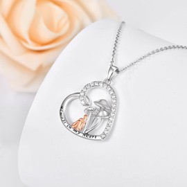 TANGPOET Mushroom Chain 925 Sterling Silver Mushroom Necklace Engraved Heart Pendant Mushroom Pendant Jewellery Gifts for Sister Girlfriends Daughter, Sterling Silver, Cubic Zirconia