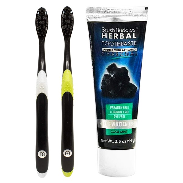 Charcoal Toothbrush and Toothpaste Bundle ~ 2 Pack Soft Activated Charcoal Toothbrushes and 3.5oz Herbal Toothpaste, Cool Mint Flavor