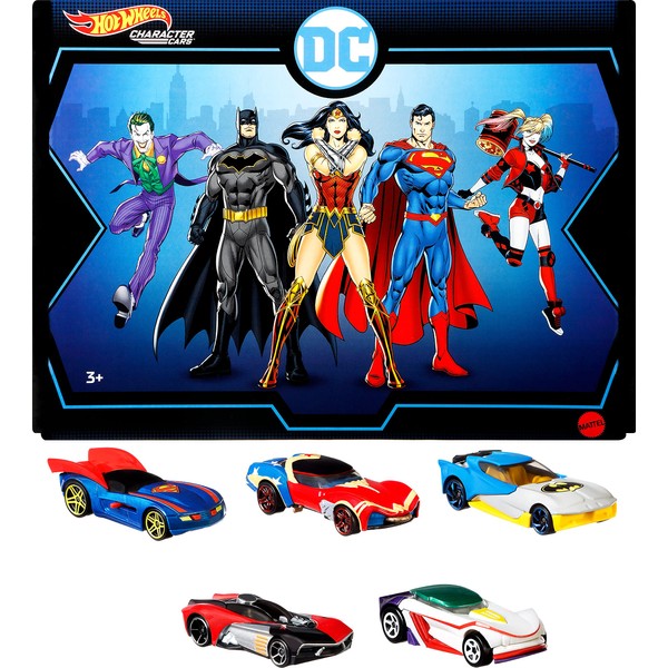 Hot Wheels Dc Toy Character Car 5-Pack in 1:64 Scale: Superman, Batman, Wonder Woman, the Joker Gt & Harley Quinn